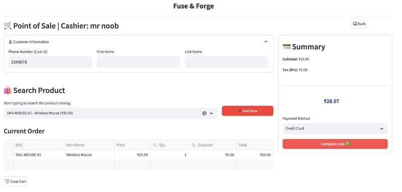Fuse & Forge Point of Sale screen